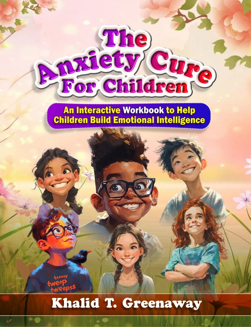 Book cover of The Anxiety Cure for Children by Khalid T. Greenaway, showing five smiling children in a flower meadow