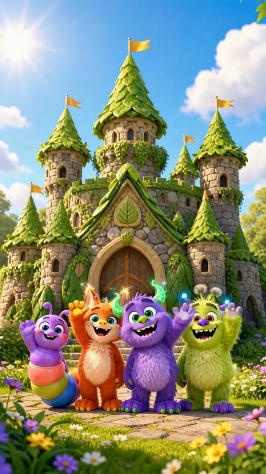 The crew together in front of a leaf covered castle