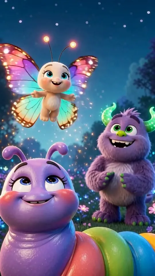 Juvie the butterfly flying over Lance and Stanley at night